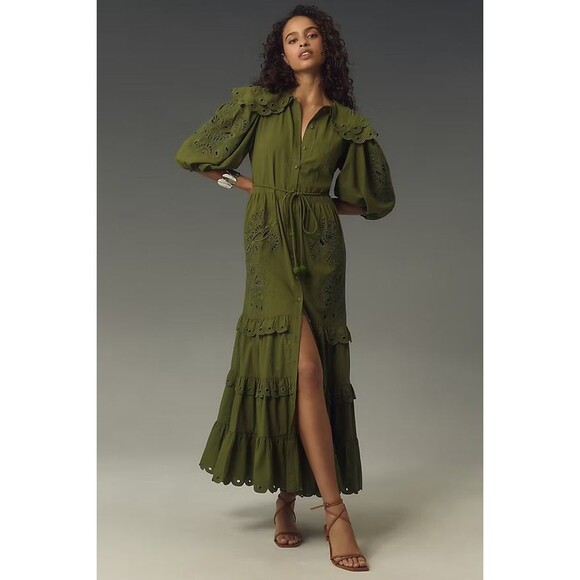 FARM RIO Humming Bird Richelieu Tiered Maxi Dress Size M NWT Green Forest Fairy - Picture 2 of 14